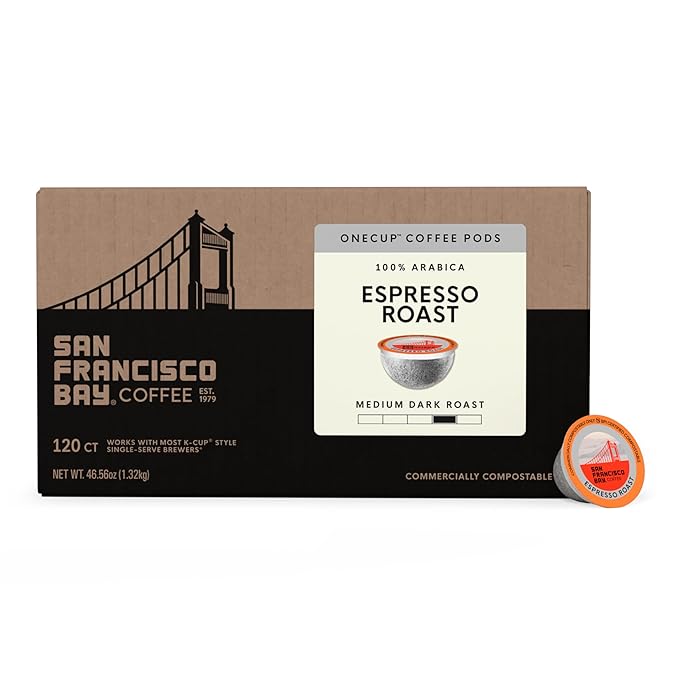 San Francisco Bay K-Cup Coffee Pods, Espresso Roast (120 ct), Medium-Dark Roast, Commercially Compostable Single-Serve Coffee Pods