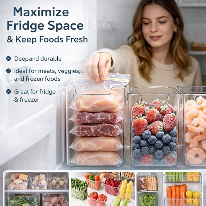 Crystal Clear Freezer Storage Bins, 4 Pack Clear Plastic Bins for Refrigerator and Pantry, Stackable Kitchen Cabinet Organizer with Handles for Frozen Food, Meat & Veggies (8PCS L)