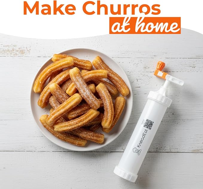 KneadEat Churro Maker - Churreera Kit With Booster-Powered Handle - Piping Bag with Filler Needle And QR Recipe For Filled Churros At Home And Baking Projects With Kids - 3-nozzles