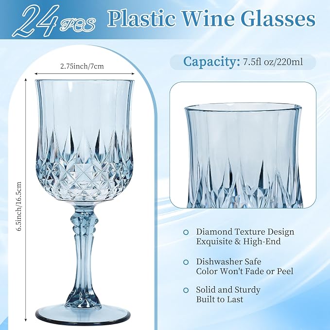 24 Pack Dusty Blue Plastic Wine Glasses, Vintage Plastic Goblets for Parties, Drinking Glasses Unbreakable Glassware Crystal Water Goblets Reusable Drinkware for Wedding Reception Grand Event Party