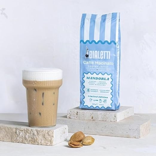 Bialetti Moka Express 3 Cup Light Blue & Almond Ground Coffee Gift Set – Stovetop Espresso Maker with 250g Caffe Macinato Mandorla, 80% Arabica 20% Robusta Medium Dark Roast, Made in Italy