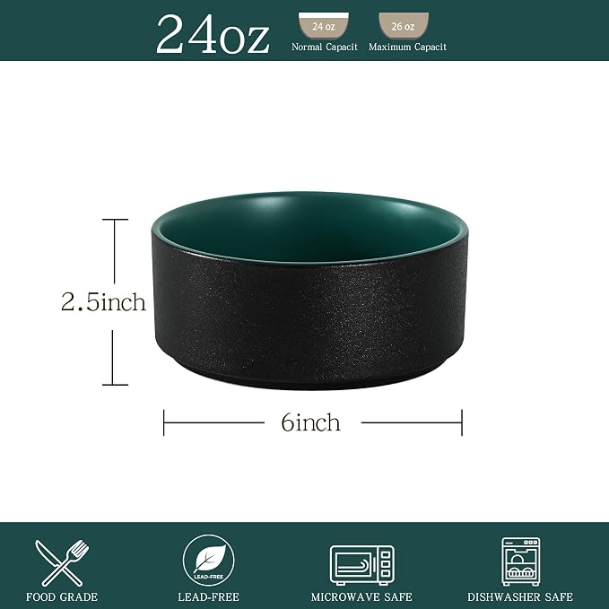 Stoneware Cereal and Soup Bowls Set of 4, 6 Inch Matte Glaze Ceramic Bowls for Breakfast & Oatmeal, Microwave and Dishwasher Safe, Matte Green