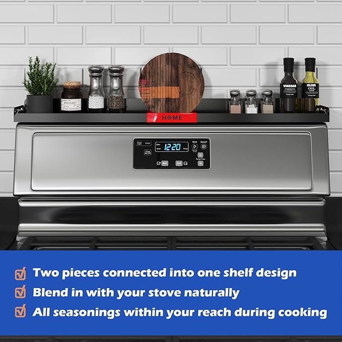 STUTOV 30" Magnetic Stove Top Shelf – Black Spice Rack with Red HOME Design – Seasoning Organizer for Back of Stove – Over Stove and Kitchen Storage Shelf