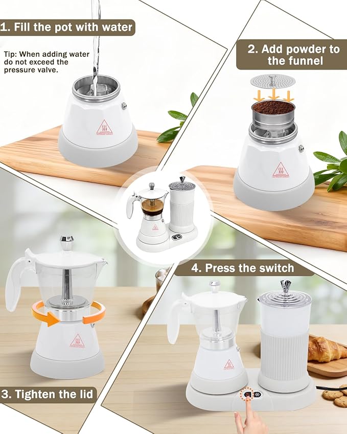 2-in-1 Milk Frother Electric Foam Maker and Moka Coffee Maker Espresso Maker 110V Electric Base Aluminum Frother Moka Pot 5oz 150ml Frothing Easy Brewing Latte Cappuccino Home Gift White