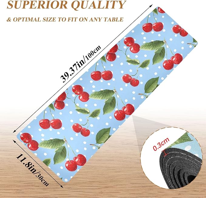 2 in 1 Table Runner Trivet for Hot Pots and Pans Heat Resistant Non Slip Waterproof 39 x 12 Inch Decorative Table Protector for Kitchen Countertop Light Blue Dots Red Cherry
