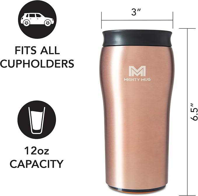 Mighty Mug | The Untippable Mug | Grips When Hit, Lifts for Sips | Insulated Stainless Tumbler | Cupholder Friendly | Gifts for Women Men All | Leakproof | 4 Hours Hot / 24 Cold | 12oz | Rose Gold