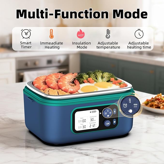 Cordless Electric Heated Lunch Box for Adults, XL 6.3-Cups Rechargeable Battery Powered Smart Self Heating Lunchbox for Men Women, 100W Food Warmer for Trucks Driver Travel Office Worker