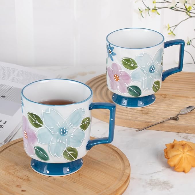 KAMMAK Ceramic Blue Coffee Mug, 15oz Large Mugs Set of 2, Novelty Cup for Tea, Juice, Milk, Cute Porcelain Water Cups with Handle for Women, Dishwasher and Microwave Safe