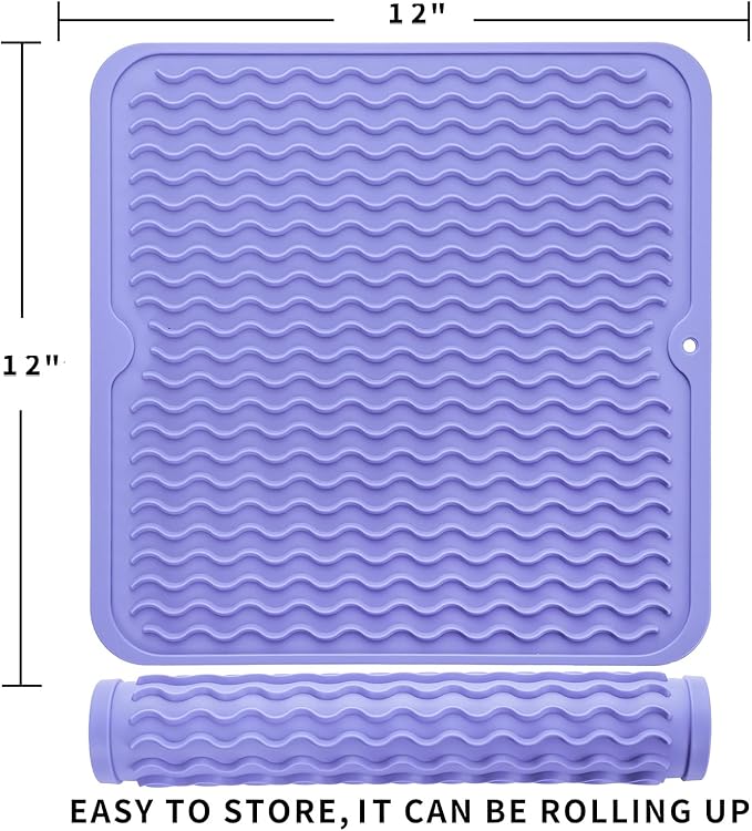 MicoYang Silicone Dish Drying Mat for Multiple Usage,Easy clean,Eco-friendly,Heat-resistant Silicone Mat for Kitchen Counter or Sink,Refrigerator or Drawer liner Light Purple M 12 inches x 12 inches