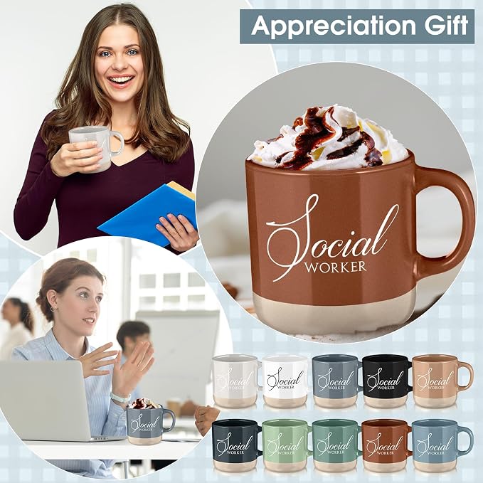 Didaey 10 Pcs Social Worker Appreciation Gifts Bulk 13 oz Ceramic Coffee Mugs Thank You Cups Social Worker Graduation Gift for BSW MSW DSW LCSW Must Haves Office Work, 10 Colors