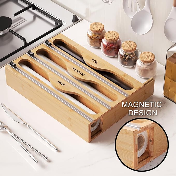 Wrap Dispenser with Cutter and Labels, Plastic Wrap Organizer For Kitchen,Bamboo 3-in-1 Wrap Dispensers for Cling Wrap Aluminum Foil and Wax,Storage Organization Holder（Natural）