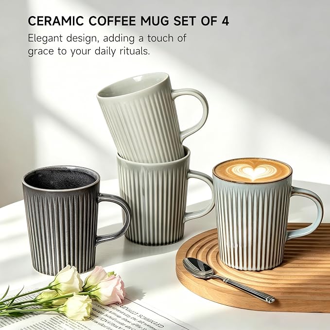 Coffee Mugs Set of 4 Modern Striped Stoneware Coffee Cups with Handle, Large Ceramic Gift Set for Women and Men, Dishwasher and Microwave Safe, 18oz for Hot Coffee, Tea, Cocoa, Milk