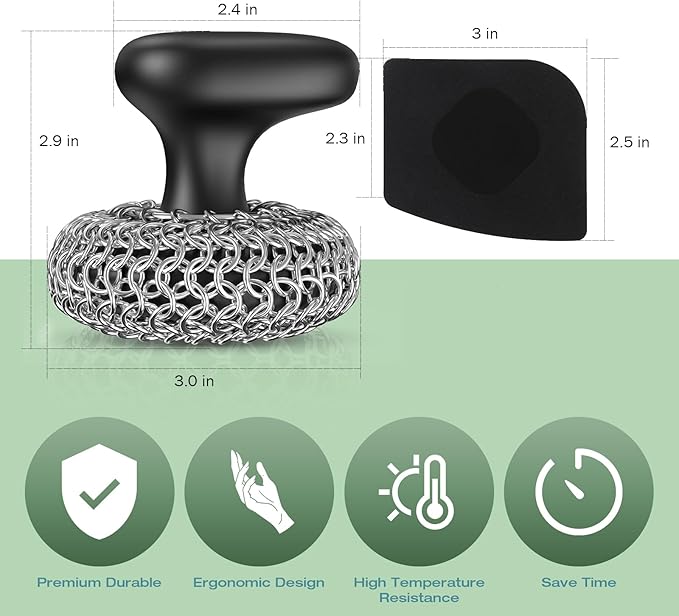 Cast Iron Scrubber | Dish Scrub Brush | 316 Cast Iron Cleaner Chainmail Scrubber Circle + Square 2PCS Black