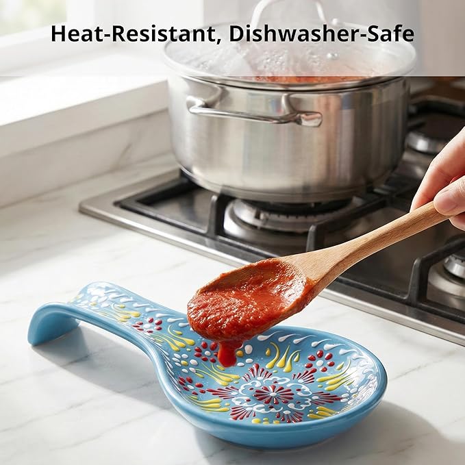 BCS Ceramic Spoon Rest, Large 9” Hand Painted Spoon Holder for Stove Top & Kitchen Counter, Dishwasher Safe & Heat Resistant Utensil Holder, Floral Kitchen Decor, Handmade Pottery