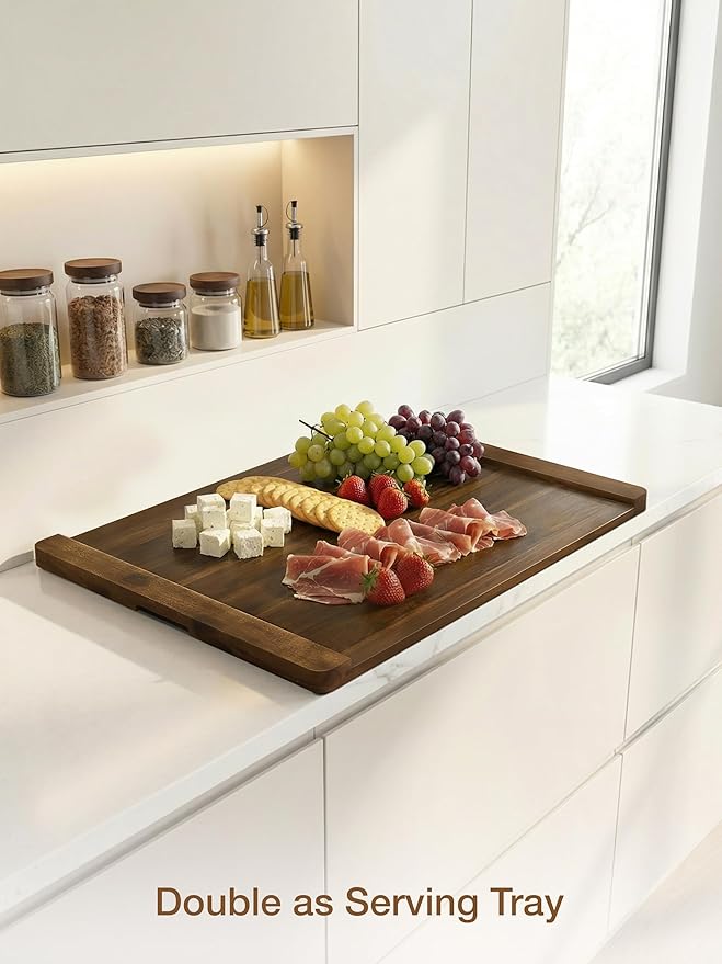 TIDITA Acacia Wooden Stove Top Cover - 29.5x21.7 Noodle Board Stove Cover - Stove Top Cover For Gas Stove, Electric Stove - Gas Stove Cover Board with Recessed Handles, No Assembly (Walnut color)