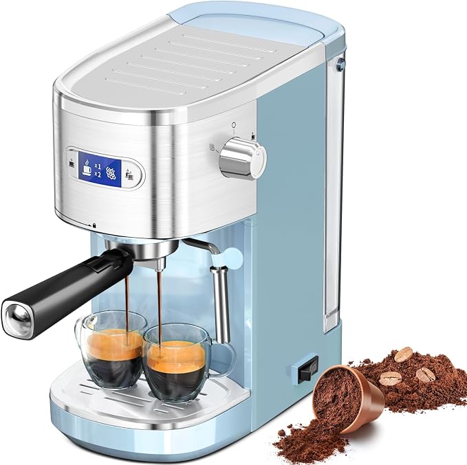 Electactic 20 Bar Espresso Machine, Professional Stainless Steel Coffee Maker with LCD Display, 45oz Removable Water Tank, Home & Office Espresso Maker for Cappuccino Latte Macchiato, Blue