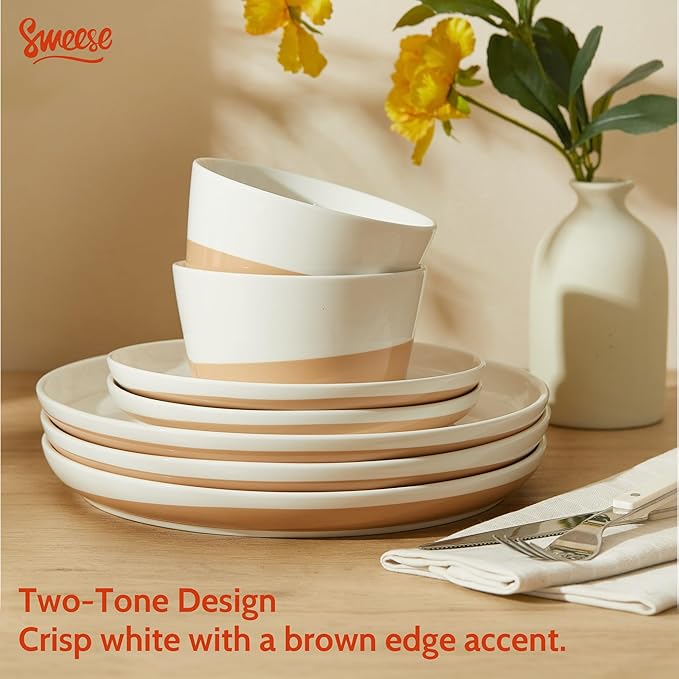 Sweese 18 Pieces Porcelain Dinnerware Set, Modern Dish Set for 6, Hand Painted Kitchen Plates and Bowls Sets, Scratch Resistant Dishware Sets, Dishwasher & Microwave & Oven Safe Dinner Set, Brown