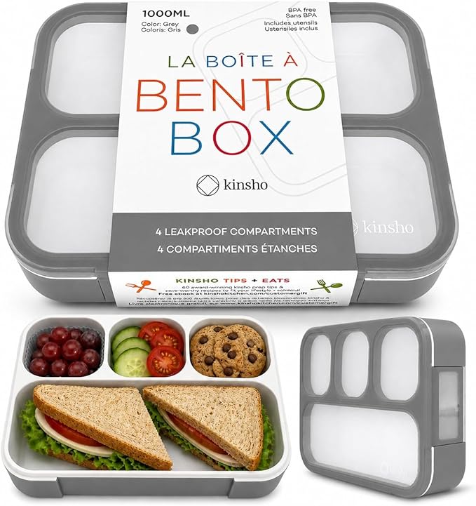 kinsho Bento Lunch Box Container for Kids Adults, Portion Control Meal Prep and Snack Containers, Japanese Style Boxes with 4 Compartments for Boys Teens, School Work and Travel BPA Free | Gray