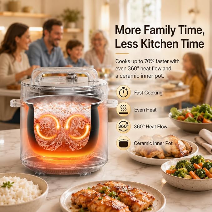 Fullwill 8QT Electric Pressure Cooker, 12-in-1, Ceramic Nonstick Pot, Sauté, 1200W Fast Cook, Slow Cook, Steam, Yogurt, Rice Cooker, for Family Meals, 1200W,Silver
