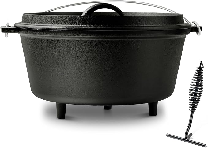 Pre-Seasoned Cast Iron 8QT Camp Dutch Oven with Lid, Large Camping Dutch Oven Pot, incl. Lid Lifter - Dual Handles - for Outdoor Campfire, Grill, Oven & Stovetop Cooking-Black