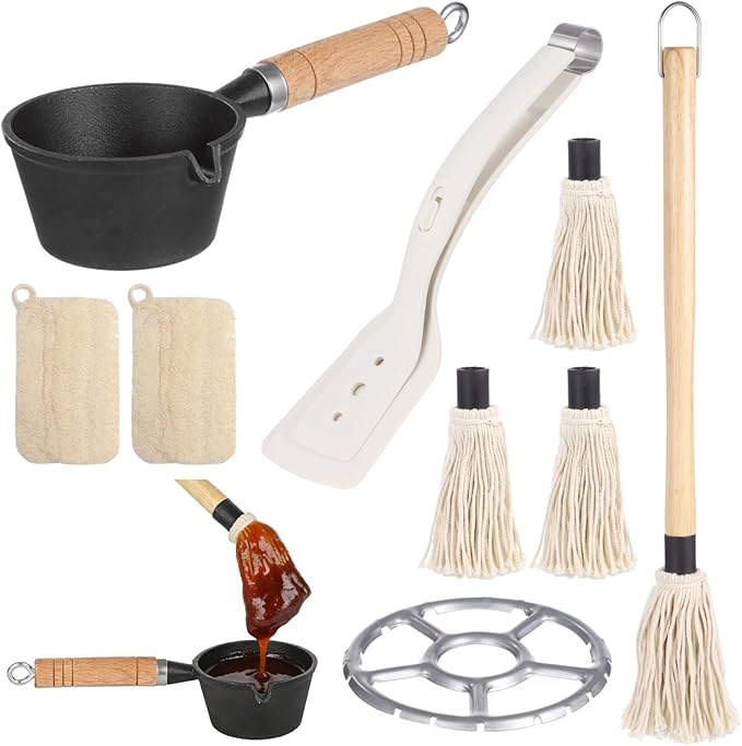 BBQ Mop Brush and Cast Iron Sauce Pot Set, Basting Melting Pot, Wooden Handle Sauce Mops with 3 Pcs Replacements, Barbecue Tongs and Pot Cleaning Brushes for Meat Smoker, Grill, Stove