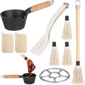 BBQ Mop Brush and Cast Iron Sauce Pot Set, Basting Melting Pot, Wooden Handle Sauce Mops with 3 Pcs Replacements, Barbecue Tongs and Pot Cleaning Brushes for Meat Smoker, Grill, Stove