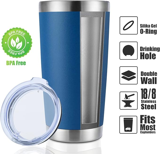 DOMICARE 20oz Stainless Steel Tumbler Bulk with Lid, Double Wall Vacuum Insulated Travel Mug, Powder Coated Coffee Cup, Dark Blue, 1 Pack