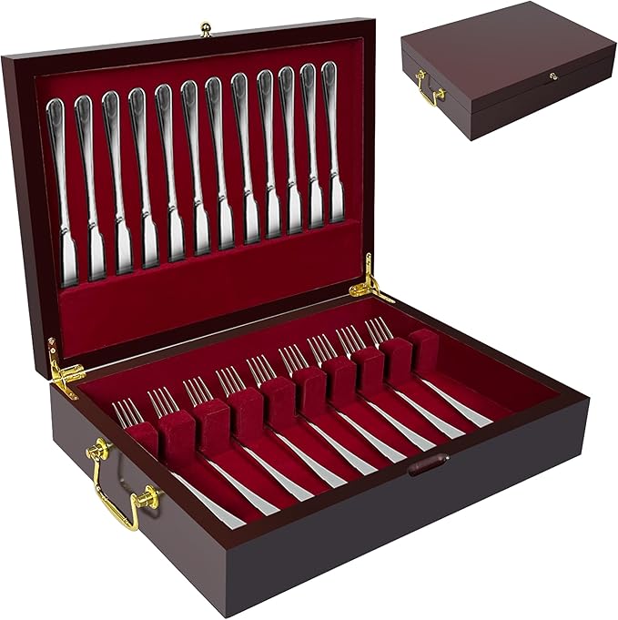 Silverware Storage Box Solid Wood with Lid, Silverware Organizer with Handle and Felt Lined, Silverware Storage Chest for Flatware and Utensils Home Decor Gift, Chest for Flatware Setting Up 15