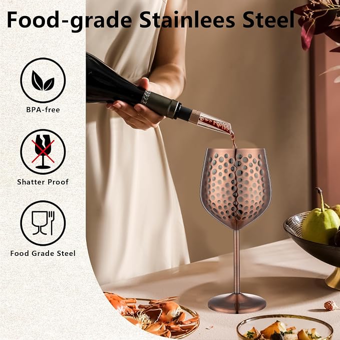 UNISWEET Stainless Steel Wine Glasses Set of 4 Unbreakable (Red Copper) | 17 oz Large-capacity Hammered Goblets, Lightweight & Reusable, Good for Outdoor, Camping, Pool Travel, Gift for Wine Lovers