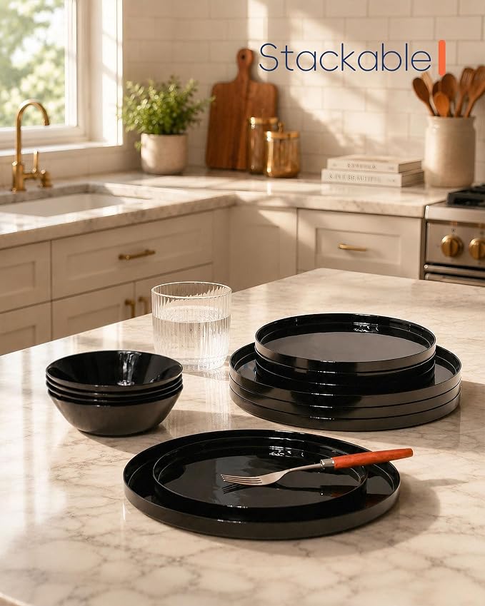 LaGlint Dinnerware Sets for 4, Black 12 Pieces Opal Glass Plates and Bowls Set, Dishwasher and Microwave Safe Dish Dinning Ware, Chip and Scratch Resistant Dishware