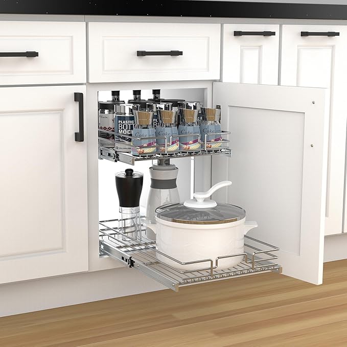 2 Tier Pull Out Cabinet Organizer, 26" W x 21" D Heavy-Duty Metal Sliding Drawer Shelf for Kitchen Cabinets, Chrome, Doesn't Include Door Fittings