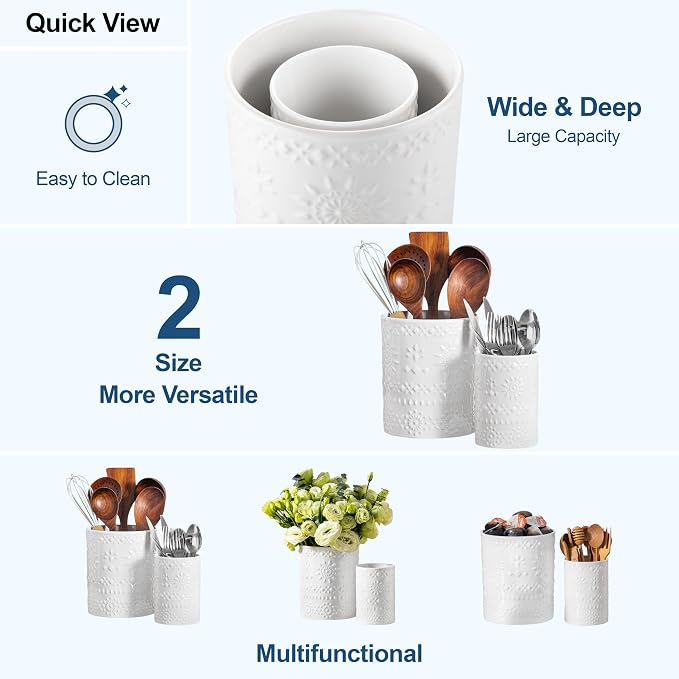 LOVECASA Utensil Holder, 7.2"+5.4" Ceramic Utensil Holder for Countertop, Large Cooking Utensil Crocks for Kitchen Counter, Farmhouse Utensil Vase for Housewarming, Kitchen Decor, Set of 2, Snow
