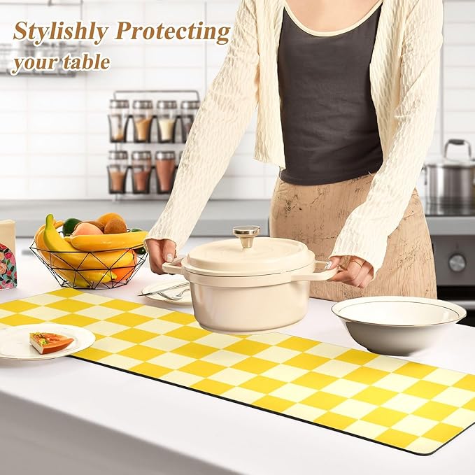 2-in-1 Table Runner Trivet for Hot Dishes Heat Resistant Hot Plate Mat Pad 39x12 Inch Waterproof Table Protector Trivets for Countertop Decorative Checkered Yellow