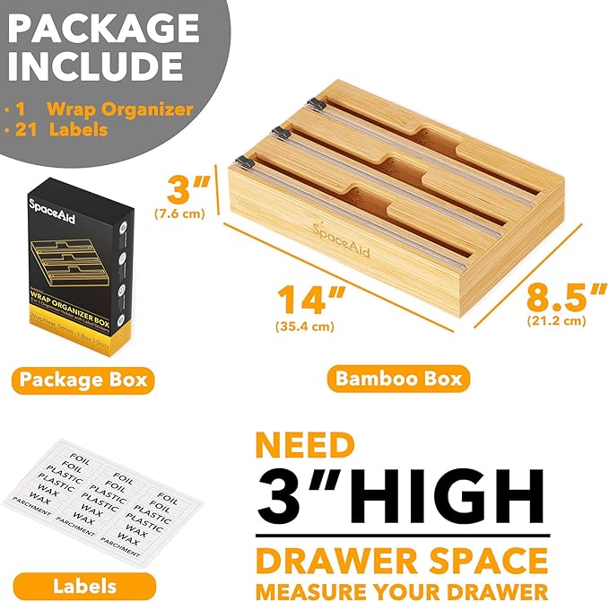SpaceAid Bamboo Silverware Drawer Organizer (Natural, 6 Slots) 3 in 1 Wrap Organizer with Cutter and Labels