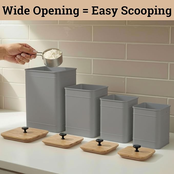 Kitchen Canisters for Countertop Set of 4 w/ Chalkboard Labels & Marker Pen | Airtight Easy Open Bamboo Lids, Dent-Resistant Thick Metal, Customizable Chalkboard Labels, Marker Pen Included, Set of 4