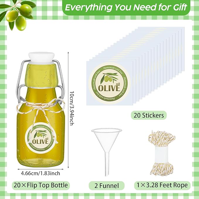 Queekay 20 Pack Mini Swing Top Glass Bottles for Vanilla Extract Homemade Olive Oil Bottles with Lids Airtight Cap Lids Labels for Wedding Baby Shower Favors(2 oz,Clear)