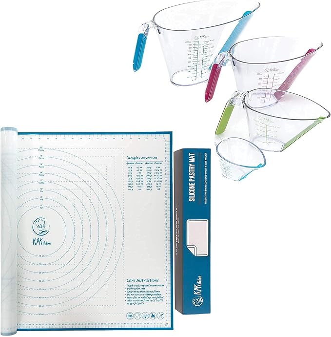 KPKitchen Silicone Pastry Mat and 4-Piece Liquid Measuring Cups Set - Extra Large Baking Mat For Rolling Out Dough - 100% Silicone & BPA Free - Includes Mini Ounce, 1, 2 and 4 Plastic Cup Sizes