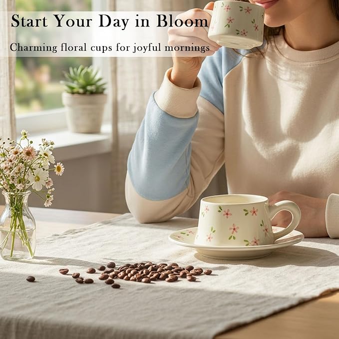Tea Cup and Saucers, 9.5 oz Floral Tea Cups, Porcelain Teacup, Coffee Cappuccino Espresso Latte Mugs, Floral Design for Party Birthday Cafe Home, Christmas Gifting, flowers Set of 2