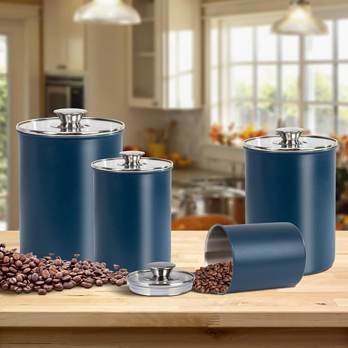 malmo Stainless Steel Food Canister Set of 4-Piece, 16/49/85/132 Ounces,Airtight Containers with Glass Lid for Tea,Coffee,Sugar,Flour,Pantry Kitchen Storage Storeroom Counter (Blue)