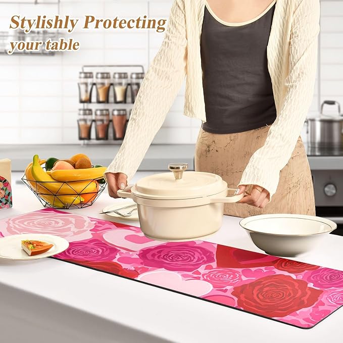 2 in 1 Table Runner Trivet for Hot Pots and Pans Heat Resistant Non Slip Waterproof 39 x 12 Inch Decorative Table Protector for Kitchen Countertop Pink Hearts Roses Red Petals