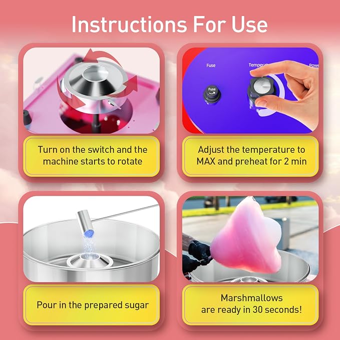 Cotton Candy Machine - Cotton Candy Machine Commercial w/ 15 inch Stainless Steel Bowl, Sugar Scoop, Cotton Candy Maker for Home, Party, 1000W Hard Candy Cotton Candy Maker for Birthday