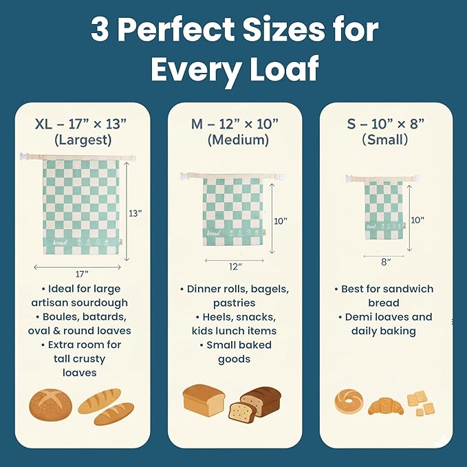 3-Pack Reusable Beeswax Bread Bags (XL, M, S) - Organic Cotton Beeswax Bread Storage Bag for Homemade Bread & Sourdough Freezer-Safe, Breathable & Freshness Support - Eco-Friendly Bread Bag