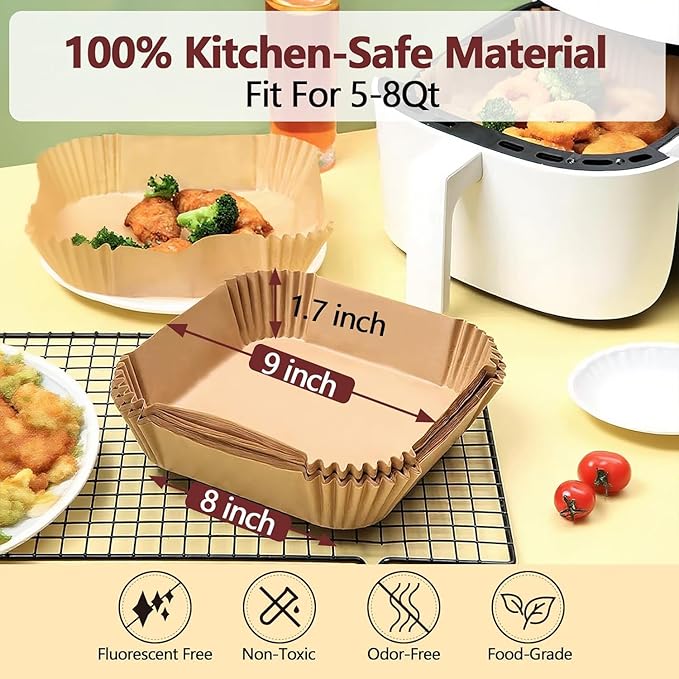 9 Inch Air Fryer Liners Disposable-300PCS Square Parchment Paper Liners,Heat Resistant & Non-Stick,Unbleached Liners for Air Fryer,Oven,Roasting,Baking,Microwave（Bottom is 8 Inch）