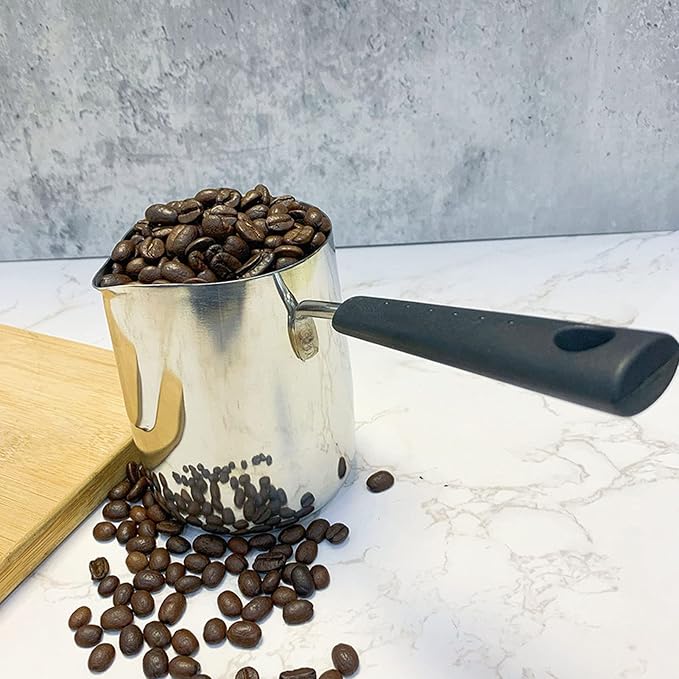 Classics Turkish Coffee Pot, 21oz/600ml Stainless Steel Milk Frothing Jug Long Handle Coffeware Pull Flower Toroid Pitcher Milk Warmer Hot Chocolate Maker