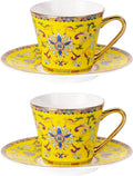 KAMMAK Tea Cups and Saucers Set of 2, Porcelain Coffee Cups with Saucer for Espresso, Cappuccino, 7.78oz Vintage Noble Yellow Ceramic Novelty Mug for Home, Tea Party, Office, 623N