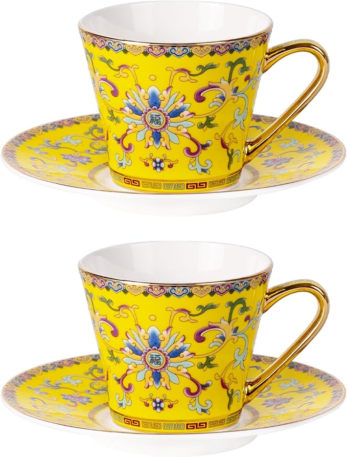 KAMMAK Tea Cups and Saucers Set of 2, Porcelain Coffee Cups with Saucer for Espresso, Cappuccino, 7.78oz Vintage Noble Yellow Ceramic Novelty Mug for Home, Tea Party, Office, 623N