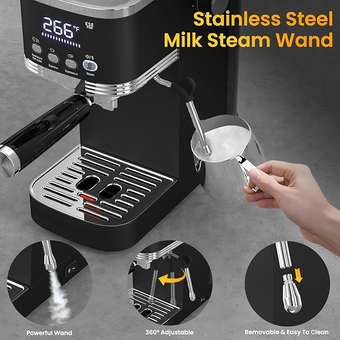 Espresso Machine 20 Bar Temperature Time LED Display Espresso Maker with Adjustable Extraction Temperature Stainless Steel Coffee Machine with Powerful Steam Wand for Cappuccino Latte,Black