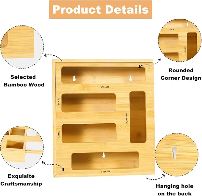 Bag Storage Organizer Compatible with Ziploc Gallon, Quart, Sandwich & Snack Sized Slider Bags,Bamboo Organizer For Drawer(13.7"L*11.8H"*3.1W")