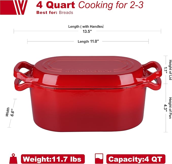 VORRINGARD Oval Dutch Oven Pot with Lid, Enamel Coating Cast Iron Bread Pans for Homemade Sourdough Bread Baking, Cooking, 4 Quart, Red