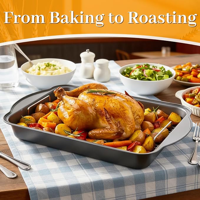 6PCS Deep Baking Pan Set - 17.5 x 9.4 Inch Baking Pans with Cooling Racks & Oven Mitts, Heavy Duty Roasting Pan with Wide Handles, Nonstick Oven Pan for Brownies, Biscuits, and Cake, Black